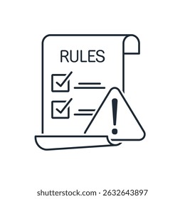 Regras e requisitos. Conformidade obrigatória com regulamentos e leis. Ilustração de ícone linear de vetor em fundo branco.