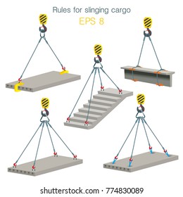 Rules for slinging cargo. Safety at the construction site. Lifting of reinforced concrete products. Set of vector illustrations on white background