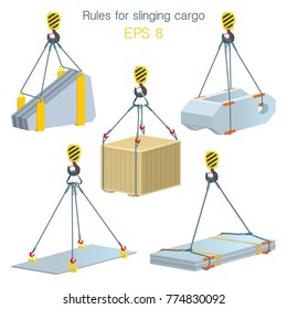 Rules for slinging cargo. Safety at the construction site. Lifting of building units. Set of vector illustrations on white background