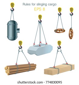 Rules for slinging cargo. Safety at the construction site. Lifting of building units. Set of vector illustrations on white background