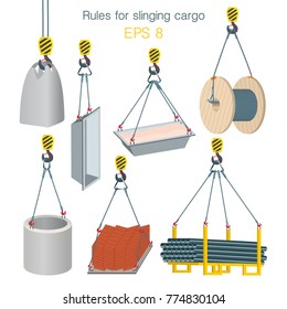 Rules for slinging cargo. Safety at the construction site. Lifting of building units. Set of vector illustrations on white background