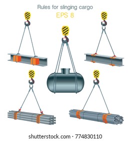 Rules for slinging cargo. Safety at the construction site. Lifting of metal products. Set of vector illustrations on white background