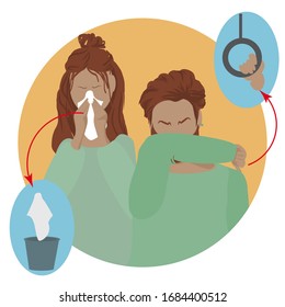 Rules for sneezing and coughing. Man and woman sneeze, how to cover your mouth