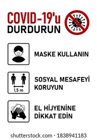 Rules to Stop Covid-19 Coronavirus in Turkish. Maske Kullanın (Wear a Mask), Sosyal Mesafeyi Koruyun (Maintain Social Distance), El Hijyenine Dikkat Edin (Practice Good Hand Hygiene). Vector Image.