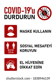 Rules to Stop Covid-19 Coronavirus in Turkish. Maske Kullanın (Wear a Mask), Sosyal Mesafeyi Koruyun (Maintain Social Distance), El Hijyenine Dikkat Edin (Practice Good Hand Hygiene). Vector Image.