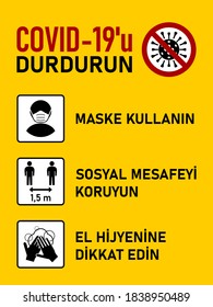 Rules to Stop Covid-19 Coronavirus in Turkish. Maske Kullanın (Wear a Mask), Sosyal Mesafeyi Koruyun (Maintain Social Distance), El Hijyenine Dikkat Edin (Practice Good Hand Hygiene). Vector Image.