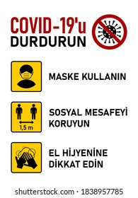 Rules to Stop Covid-19 Coronavirus in Turkish. Maske Kullanın (Wear a Mask), Sosyal Mesafeyi Koruyun (Maintain Social Distance), El Hijyenine Dikkat Edin (Practice Good Hand Hygiene). Vector Image.