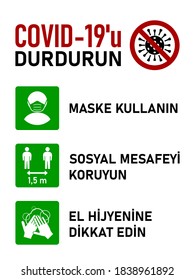 Rules to Stop Covid-19 Coronavirus in Turkish. Maske Kullanın (Wear a Mask), Sosyal Mesafeyi Koruyun (Maintain Social Distance), El Hijyenine Dikkat Edin (Practice Good Hand Hygiene). Vector Image.