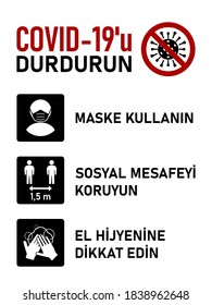 Rules to Stop Covid-19 Coronavirus in Turkish. Maske Kullanın (Wear a Mask), Sosyal Mesafeyi Koruyun (Maintain Social Distance), El Hijyenine Dikkat Edin (Practice Good Hand Hygiene). Vector Image.