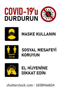 Rules to Stop Covid-19 Coronavirus in Turkish. Maske Kullanın (Wear a Mask), Sosyal Mesafeyi Koruyun (Maintain Social Distance), El Hijyenine Dikkat Edin (Practice Good Hand Hygiene). Vector Image.