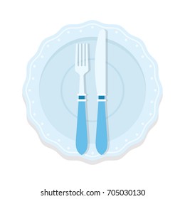 Rules of table etiquette. The position of the fork and knife straight on a plate means "finished the meal" vector flat material design isolated on white 