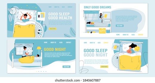 Rules tips recommendation information for children better night sleep. Healthy habits. Kids falling asleep, loving parent controlling baby sweet dream, reading book. Bedtime. Landing page set