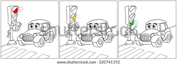 Rules at traffic lights directions for a fun car.\
Red light - there is no road. Yellow - attention. Green - Pass.\
Coloring book.