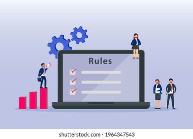 Rules Vector Illustration. Business People With Corporate Rules List On A Laptop Screen