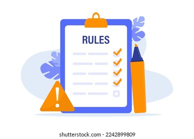 Rules vector illustration. Checklist with requirements. Company order, restrictions, law, and regulations. Clipboard with regulations. Vector illustration