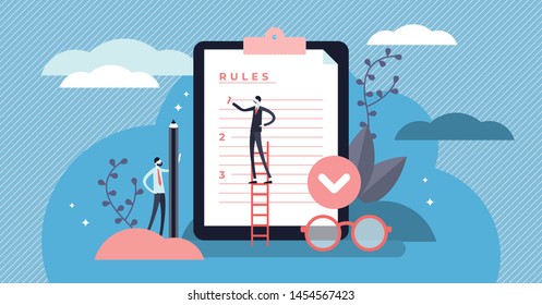 Rules vector illustration. Flat tiny regulations checklist persons concept. Restricted graphic writing with law information. Society control guidelines and strategy for company order and restrictions.