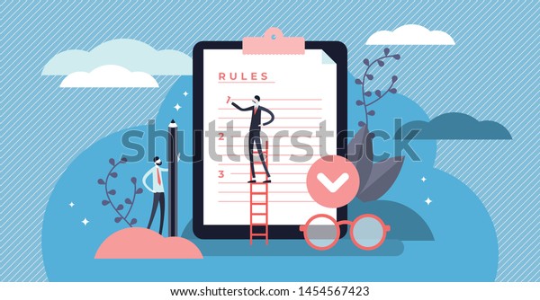 Rules vector illustration. Flat tiny\
regulations checklist persons concept. Restricted graphic writing\
with law information. Society control guidelines and strategy for\
company order and\
restrictions.