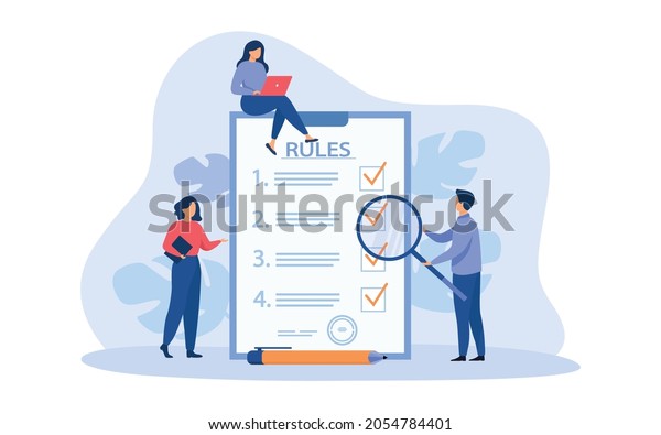 Rules vector illustration. Flat tiny\
reading guidance, making checklis concept. Vector illustration for\
company order, restrictions, law, and regulations\
