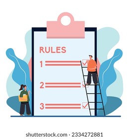 Rules vector illustration. Small flat regulations checklist people concept Restricted graphic wording with legal information. Company control guidelines and strategy for company orders and restriction