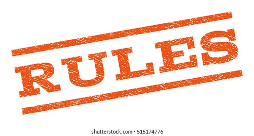 Rules watermark stamp. Text tag between parallel lines with grunge design style. Rubber seal stamp with dust texture. Vector orange color ink imprint on a white background.