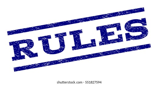 Rules watermark stamp. Text tag between parallel lines with grunge design style. Rubber seal stamp with scratched texture. Vector navy blue color ink imprint on a white background.