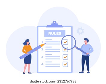 rules of work, regulation, checklist, paperwork, document and agreement, flat design illustration vector banner and background