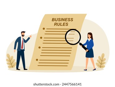 Rules of work, regulation, checklist, paperwork, document and agreement. Business rules.