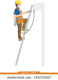 Rules For Working At Height. Safety Engineering. Scaffolding And Ladders For Work At Heights. Builder, Worker, Assembler, High-rise Work. Vector Illustration Of A Man In Construction Clothes