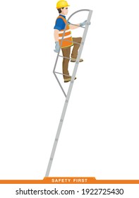 Rules for working at height. Safety engineering. Scaffolding and ladders for work at heights. Builder, worker, assembler, high-rise work. Vector illustration of a man in construction clothes