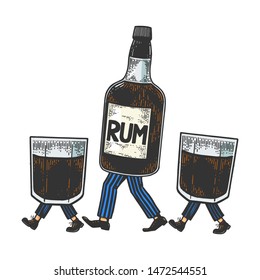 Rum alcohol bottle with ice and glasses walks on its feet color sketch engraving vector illustration. Scratch board style imitation. Black and white hand drawn image.