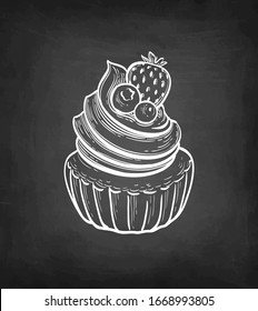 Rum baba. Dessert with whipped cream and fresh fruit. Chalk sketch on blackboard background. Hand drawn vector illustration. Retro style.