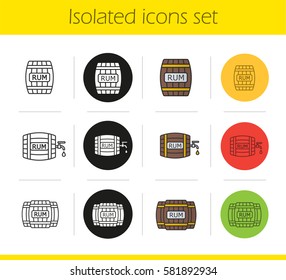 Rum barrels icons set. Linear, black and color styles. Wooden rum barrels with tap and drop. Isolated vector illustrations