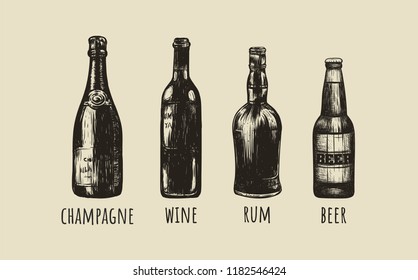 Rum, beer, champagne, wine sketch drawings of bottles. Bottles bar vector illustration