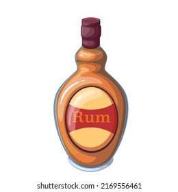 Rum in bottle, alcohol drink for summer cocktail vector illustration. Cartoon orange bottle with label from bar, strong alcoholic liquid