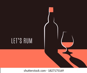 Rum bottle banner. Glass of rum vector background