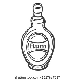 Rum garrafa com cortiça e etiqueta em estilo vintage contorno, mão desenhada com linhas negras e curvas suaves. Ilustração vetorial para menu de barras, embalagem, decoração ou marca.