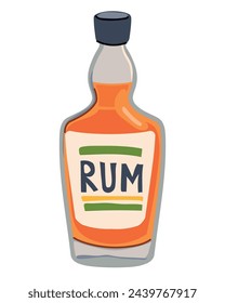 Rum bottle in flat style. Vector illustration of an alcoholic drink on a white background. A drink made from sugar cane, common in the Caribbean, traditional in Jamaica and Cuba.