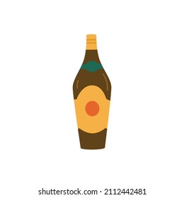 Rum bottle, flat vector illustration isolated on white background. Alcohol liquor in brown glass bottle, cartoon icon.