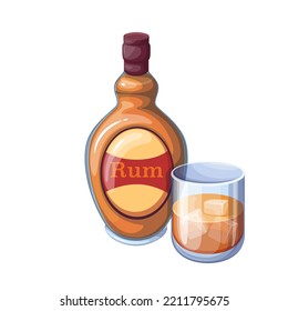 Rum in bottle and glass with ice cubes, alcohol drink for summer cocktail vector illustration. Cartoon orange bottle with label from bar, isolated highball glass cup of strong alcoholic liquid