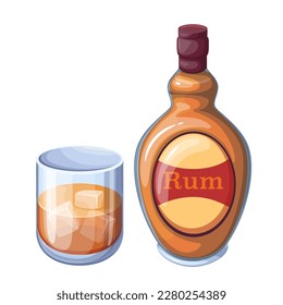 Rum in bottle and glass with ice cubes, alcohol drink for summer cocktail vector illustration. Cartoon orange bottle with label from bar, isolated highball glass cup of strong alcoholic liquid