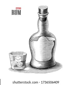 Rum bottle with glass illustration vintage engraving style black and white clipart isolated on white background