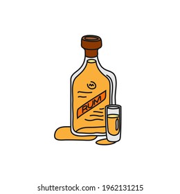 Rum bottle and glass superimposed outline icon on white background. Colored cartoon sketch graphic design. Doodle style. Hand drawn image. Party drinks concept. Freehand drawing style. Vector.
