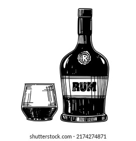 Rum bottle and glass. Vector hand drawn illustration, ink sketch. Glass of alcohol, bottle and rum logo. Design for advertising of strong alcoholic drink. Vector illustration