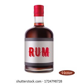 Rum bottle isolated on white background. Realistic alcohol drink. Macro icon rum. Vector illustration beverage 3D. Colorful mock up bottle. Design for cards, brochures, banners. Stock.
