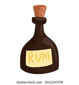 Rum-Flasche einzeln auf weißem Hintergrund. Piratengetränk Ikone. Flasche mit Holzkork. Cartoon-Stil. Vektorgrafik