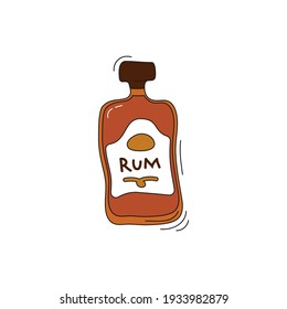 Rum bottle on white background. Cartoon sketch graphic design. Doodle style with black contour line. Hand drawn image. Party drinks concept. Freehand drawing style. Vector.
