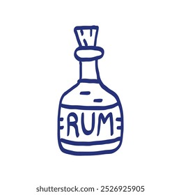 Frasco de rum. Esboço de item pirata. Ilustração desenhada à mão. Ícone de vetor. Caneta azul ou desenho marcador. Imagem infantil primitiva