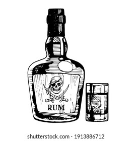 Rum Bottle With Pirate On The Label, And Glass. Vector Hand Drawn Illustration, Ink Sketch