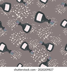 Rum bottle silhouettes seamless doodle pattern on grunge bakground. Hand drawn ornament. Alcohol print. Designed for fabric design, textile print, wrapping, cover. Vector illustration.