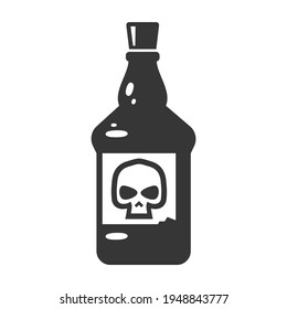 Rum Flasche mit Schädel auf dem Etikett fett schwarze Silhouette Symbol einzeln auf weißem Hintergrund. Piratengetränk Piktogramm. Liquor, alkoholische Getränke für Männer Vektorelement für Infografik, Web.